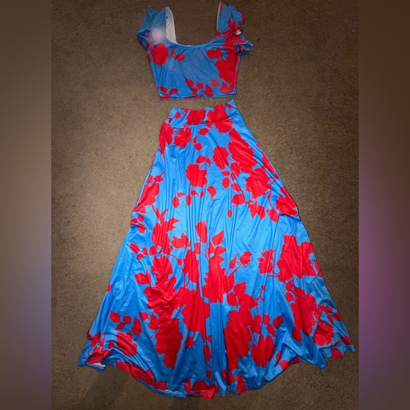 Blue and Red Floral 2 Piece Maxi Skirt & Crop - Picture 2 of 4